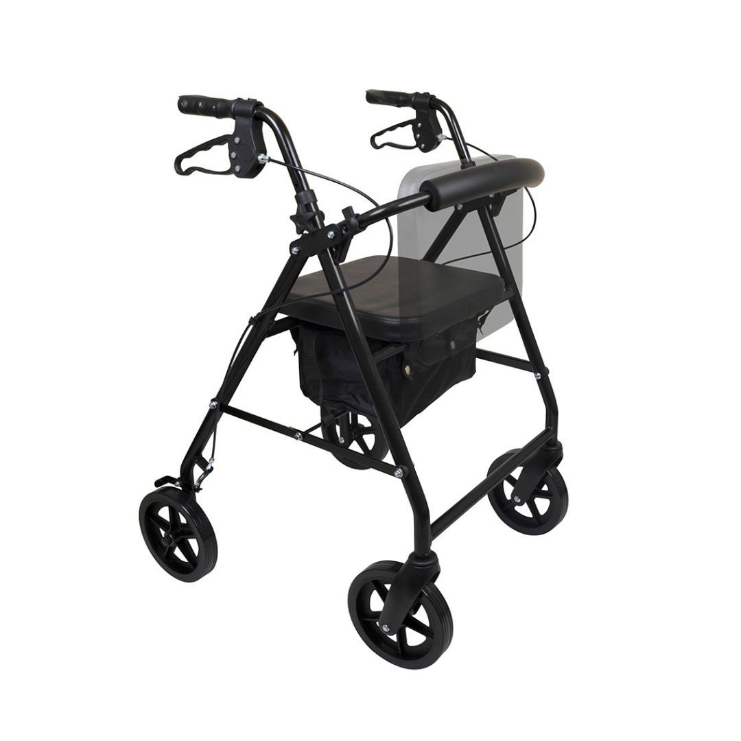 The ProBasics Deluxe Lightweight Aluminum Rollator features 8-inch wheels, handlebars with hand brakes, a seat and backrest, plus a storage pouch underneath.